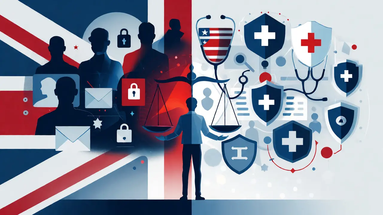 Conceptual art illustrating the distinction between GDPR personal data and HIPAA health records.