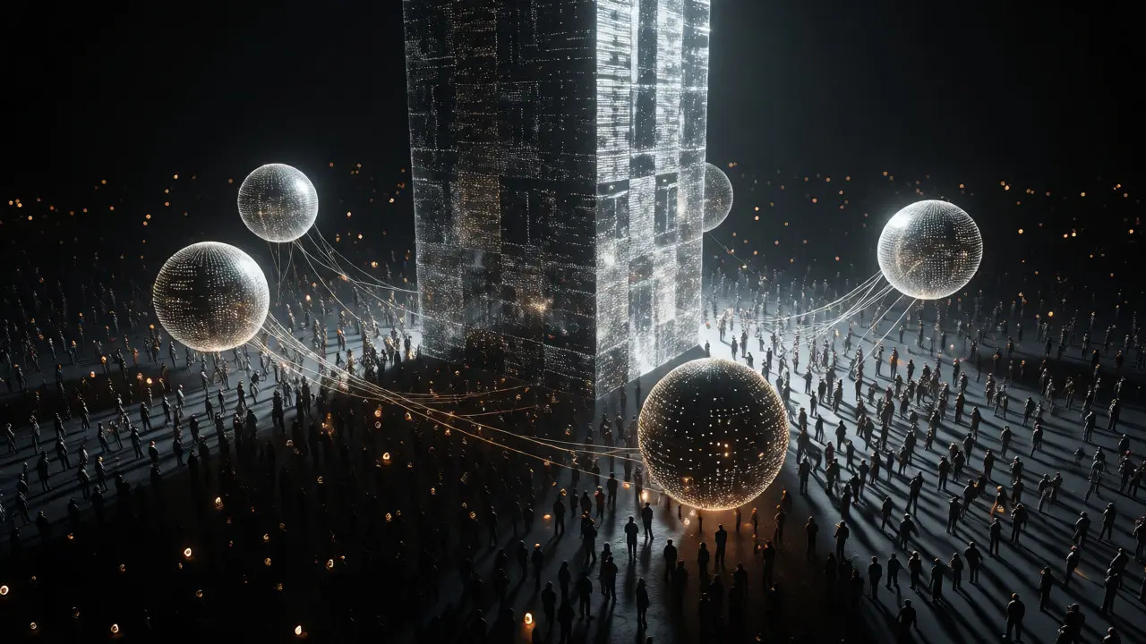 Crowd of small users overshadowed by large delegate spheres in dark void