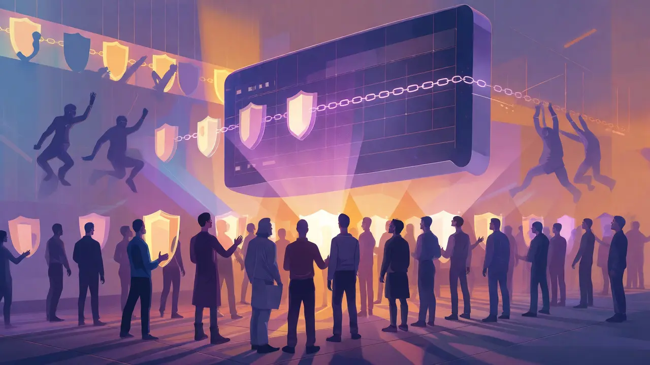 Crowd of users projecting shields to validate a unified Bitcoin ledger against miners