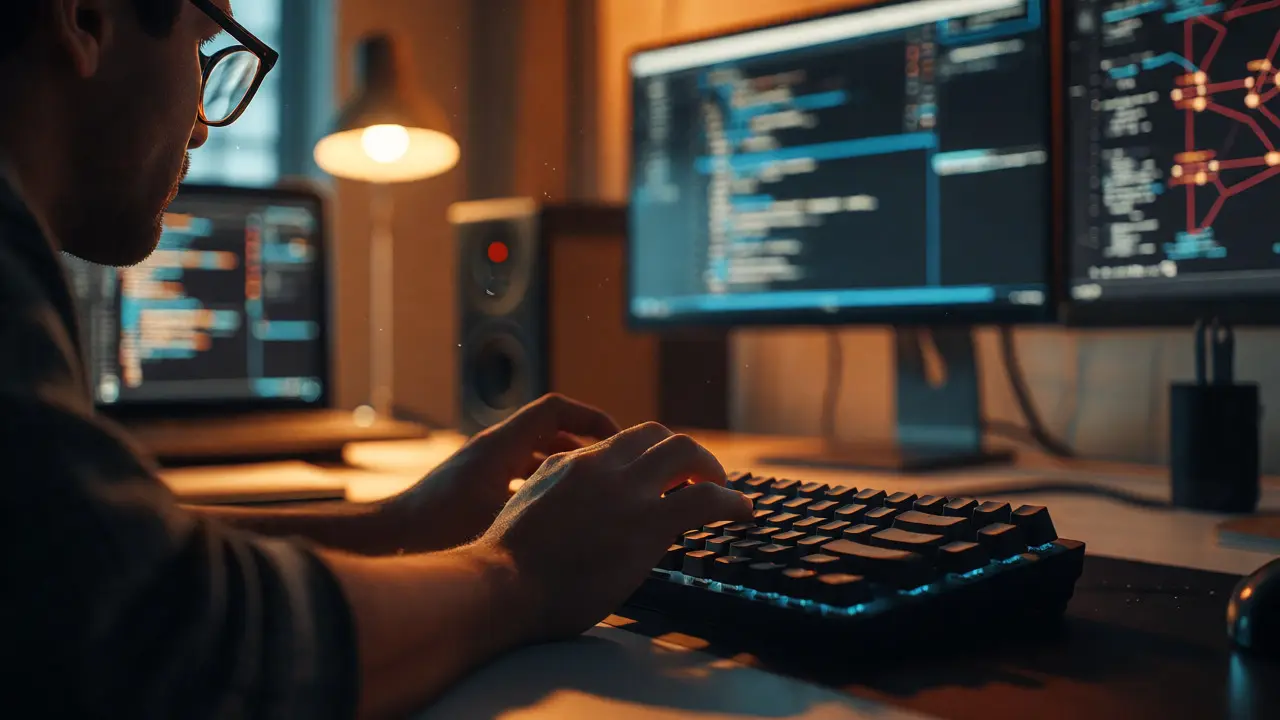 Developer coding in a dimly lit tech workspace