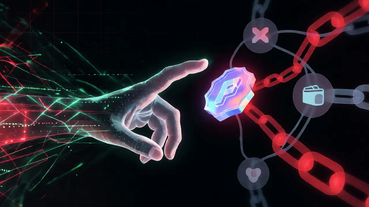 Digital hand grabbing NFT amidst red approval chains