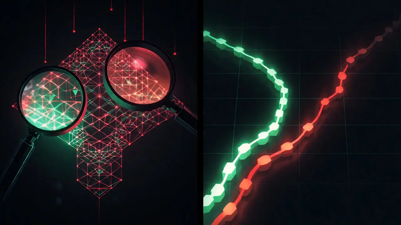 Digital split-screen showing blockchain validation and fork resolution with competing chains.