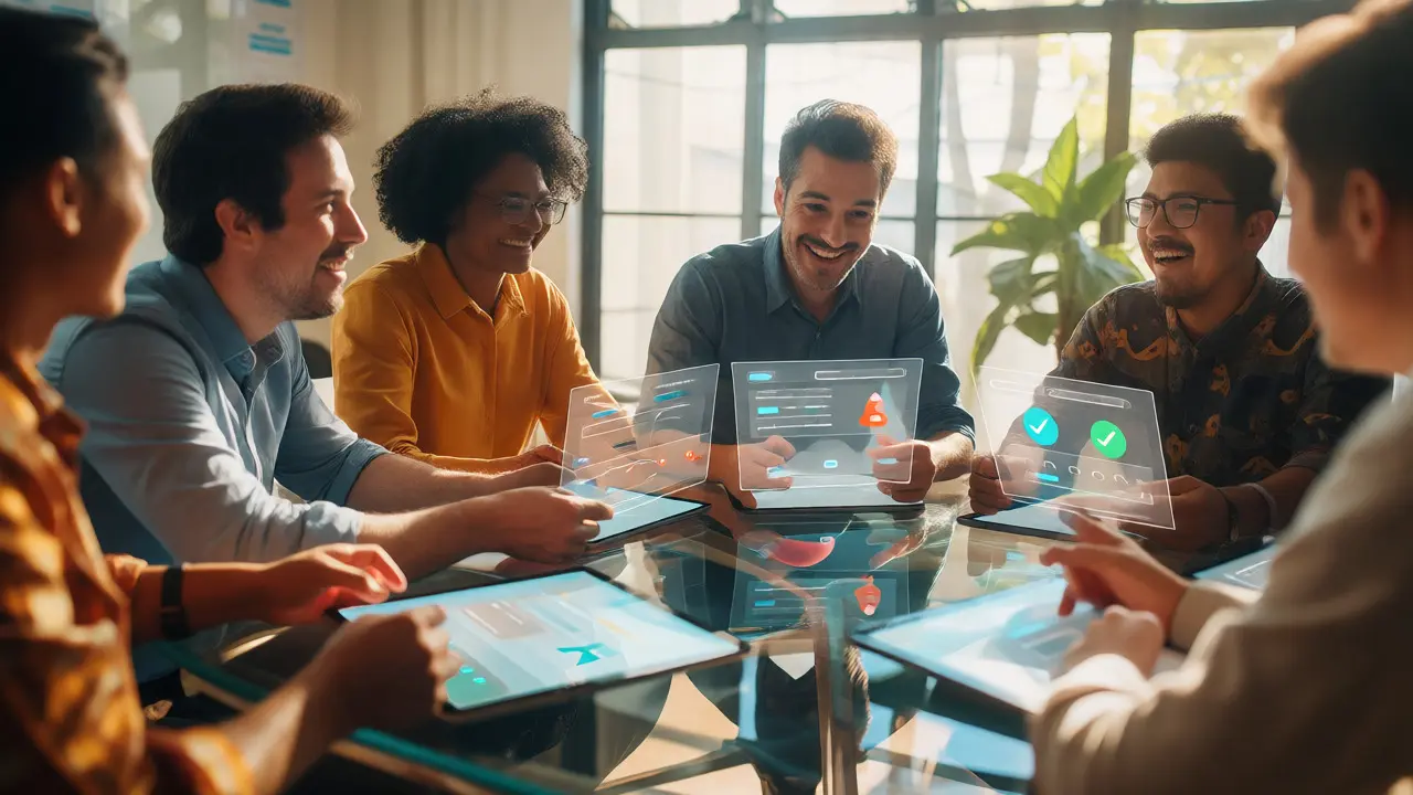 Diverse team engaging with interactive holographic compliance training modules in a bright meeting room.