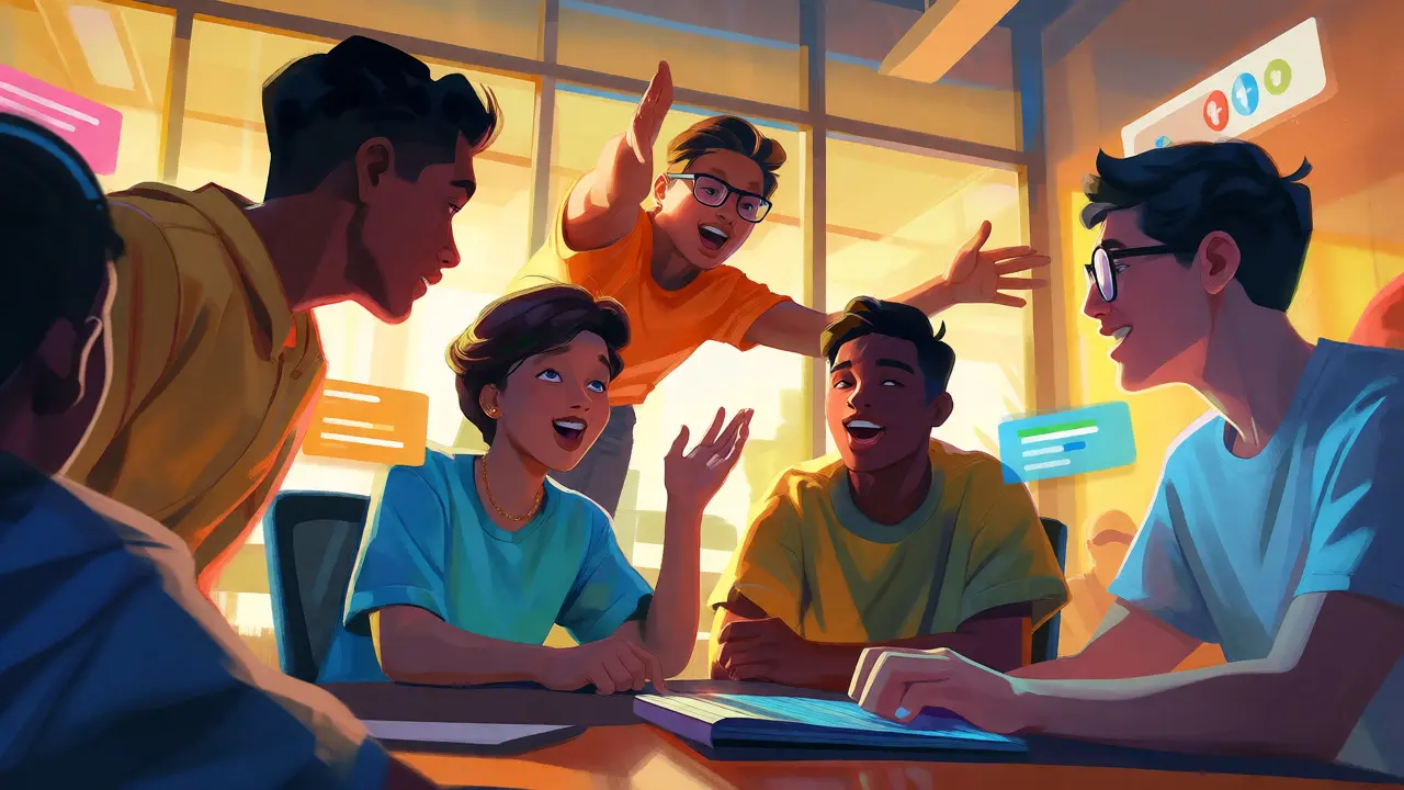 Four students actively collaborating during a virtual accountability pod meeting.