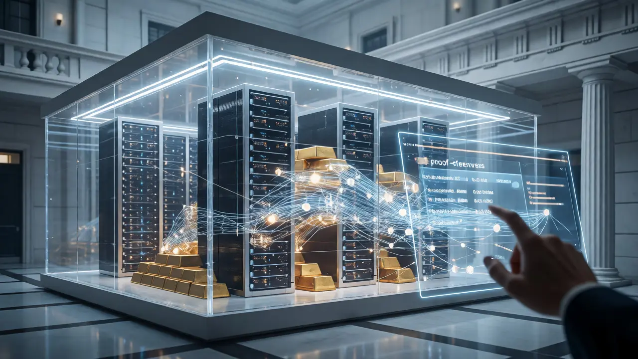 Futuristic bank interior with data streams linking to gold reserves