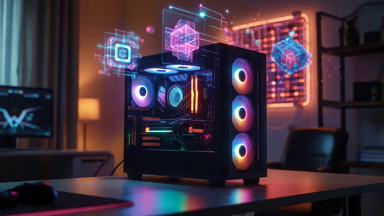 Gaming PC with RGB lighting projecting holographic 3D models, symbolizing distributed GPU compute power.