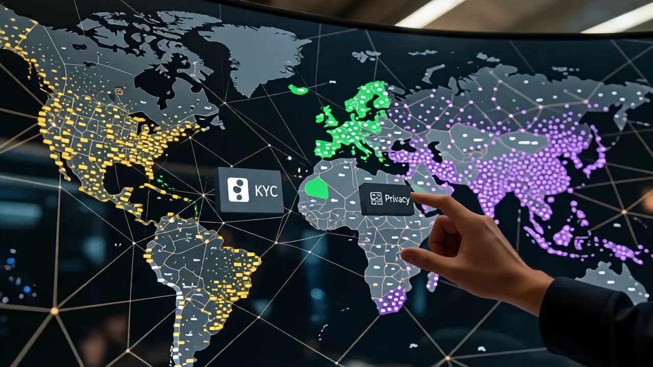Global DeFi compliance landscape showing regional regulatory differences on a digital map.