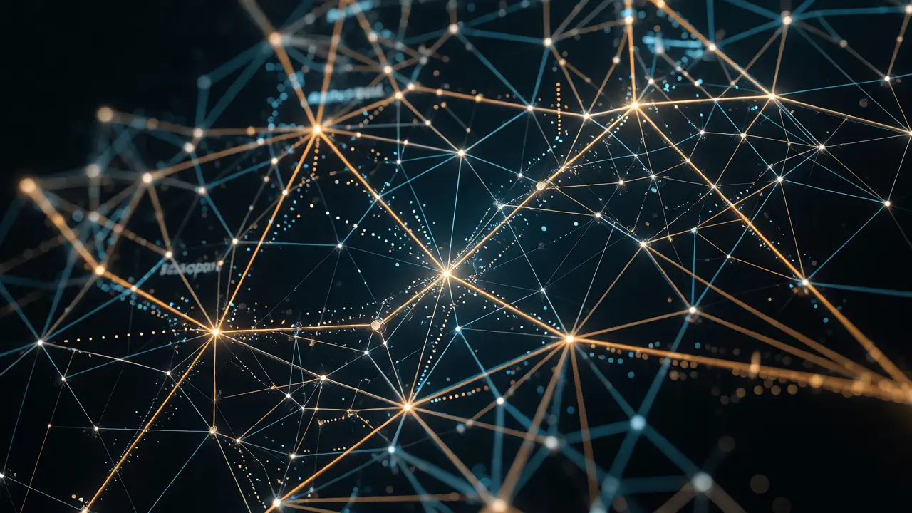 Glowing abstract knowledge graph showing interconnected learning concepts and data flows.