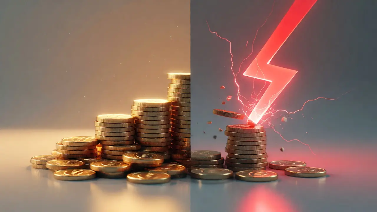 Gold coins growing alongside a red lightning strike risk