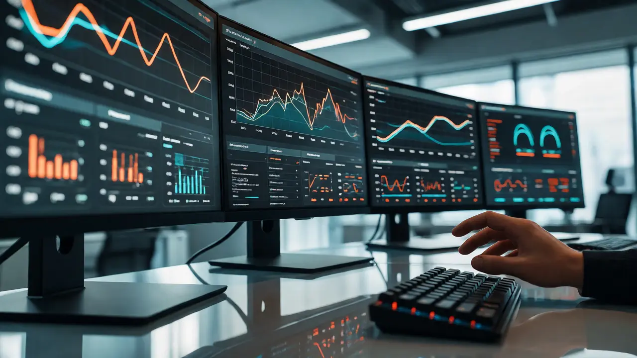 Hand reaching for a keyboard in front of multi-monitor data dashboards.