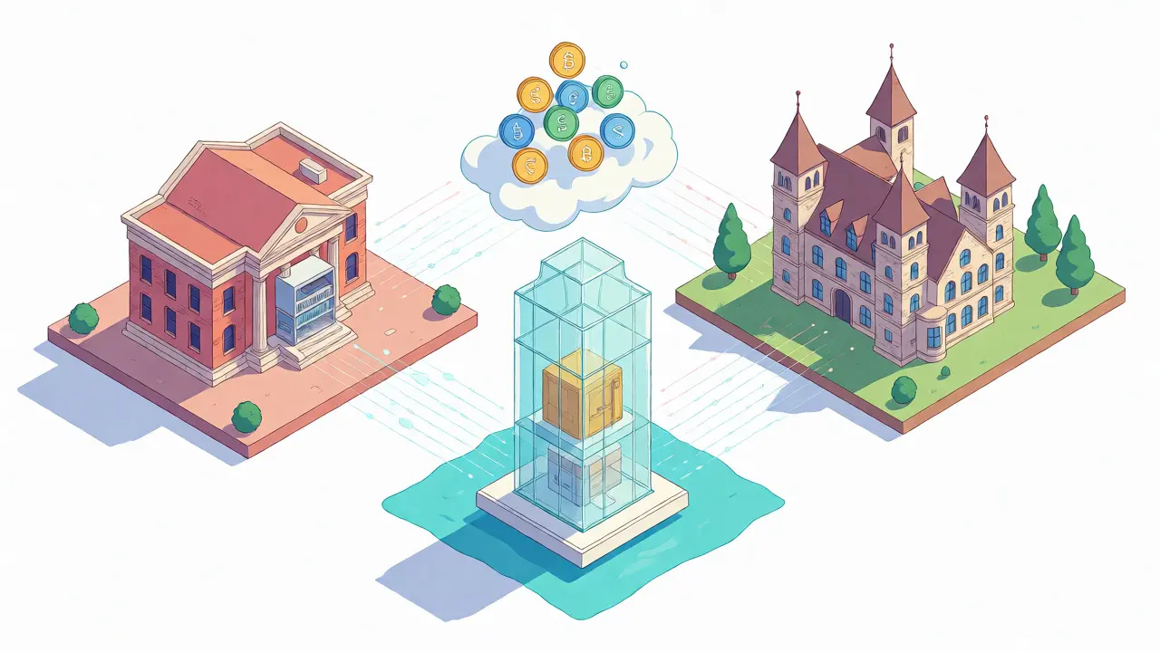 Isometric illustration comparing Wyoming, Cayman, and Swiss legal structures for DAOs.