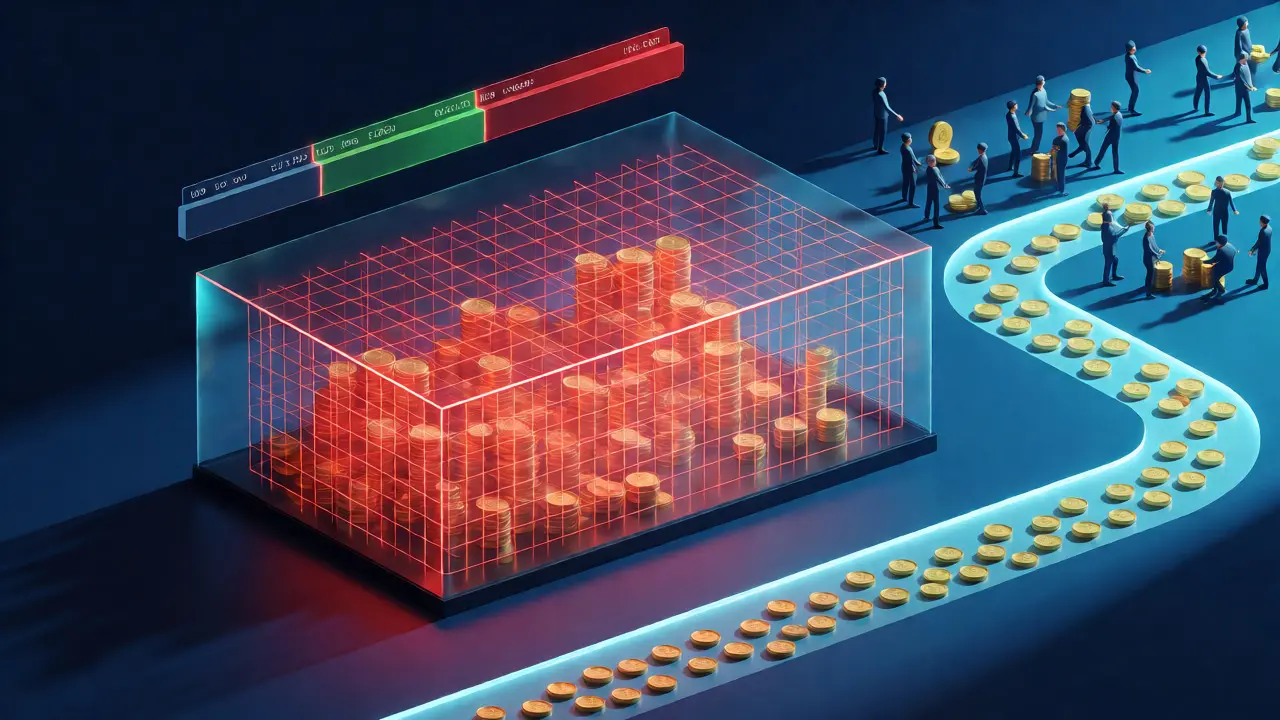 Isometric view of a digital vault with locked tokens versus free-flowing market liquidity.