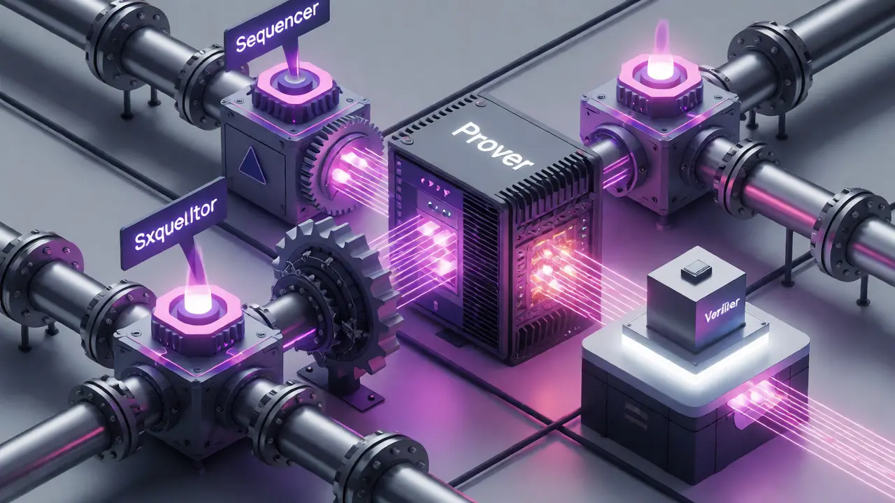 Isometric view of ZK-Rollup components including sequencer, prover, and verifier