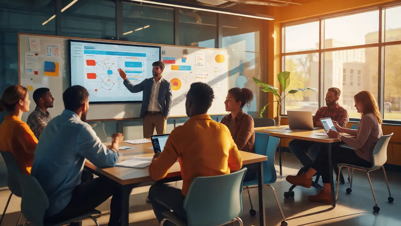 Modern office with people using tablets, discussing, and viewing a whiteboard