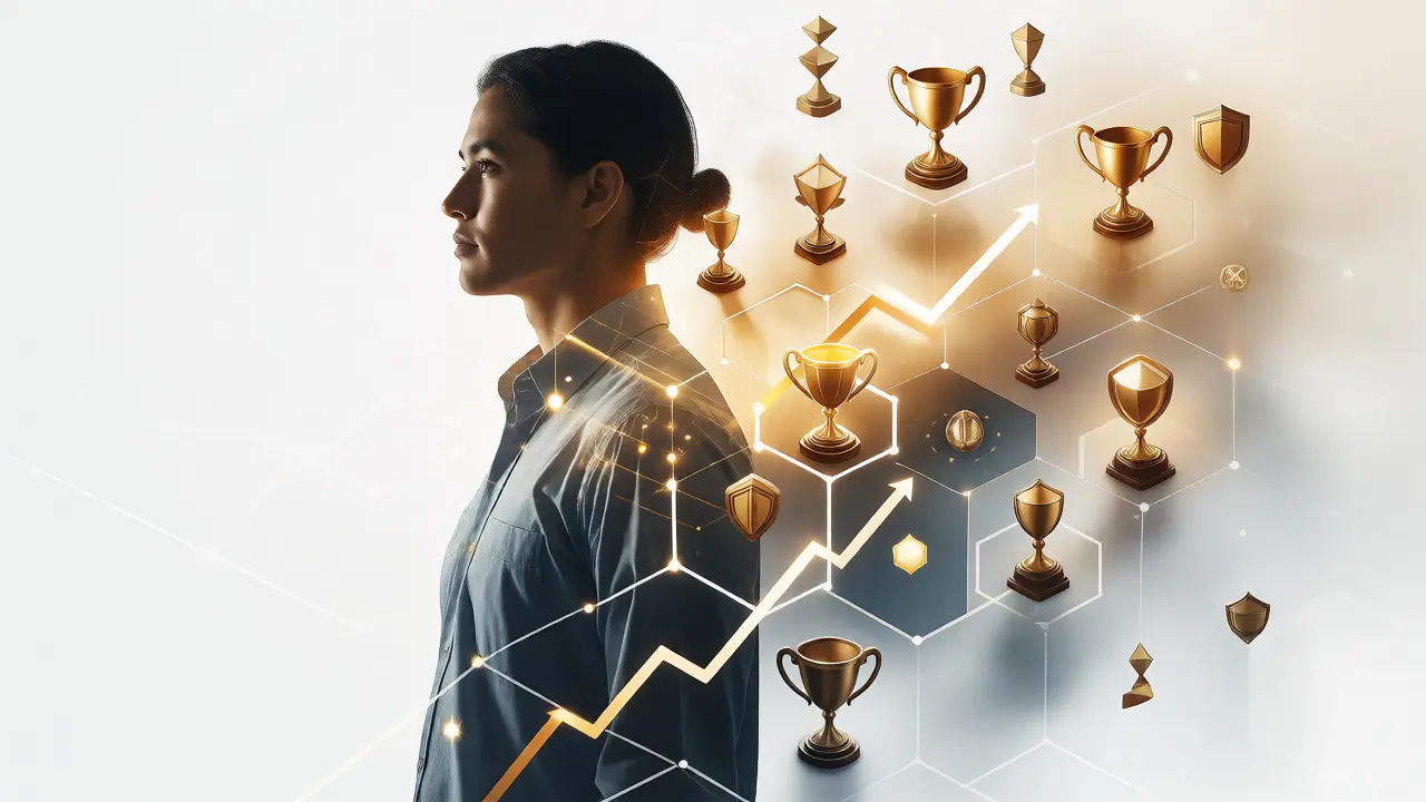Professional learner blended with game elements, showing mature gamification for career growth.