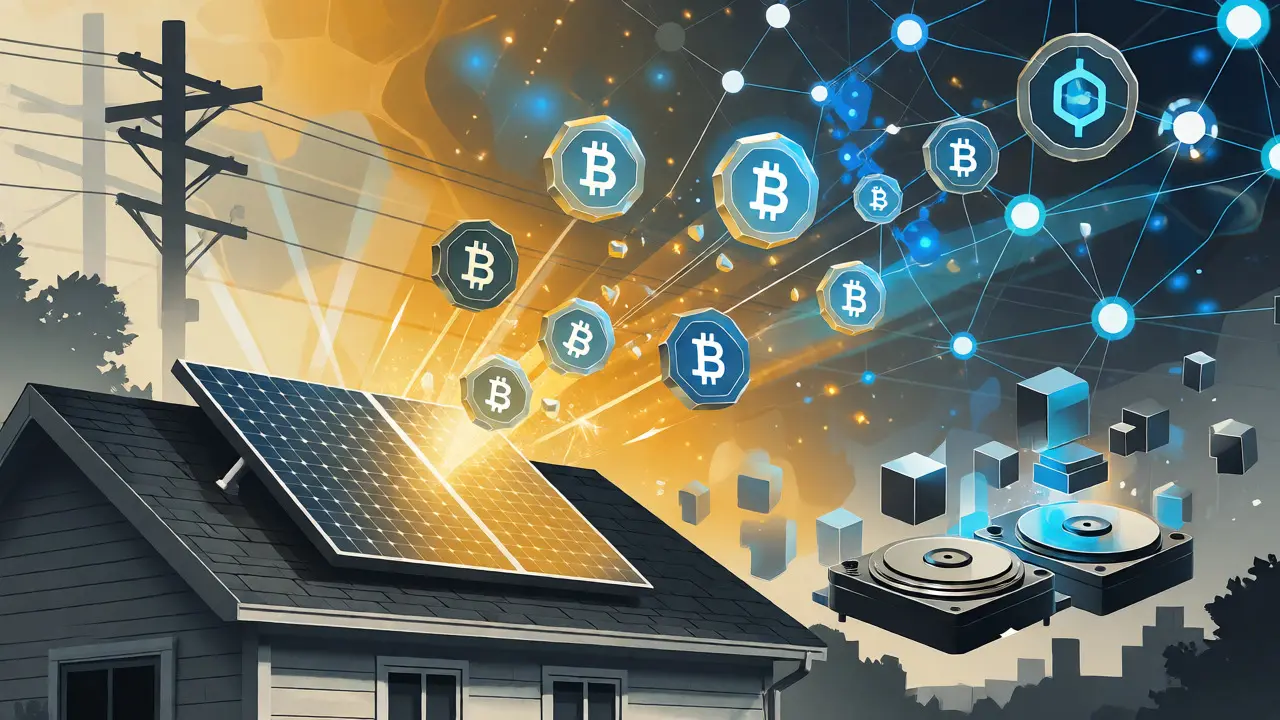 Solar panels and hard drives transforming into blockchain tokens, illustrating decentralized energy and storage networks.