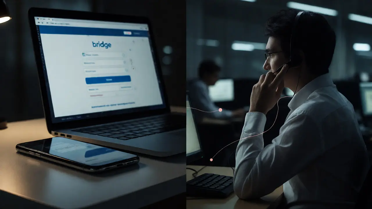 Split view of a fake banking site on a laptop and a shadowy support agent
