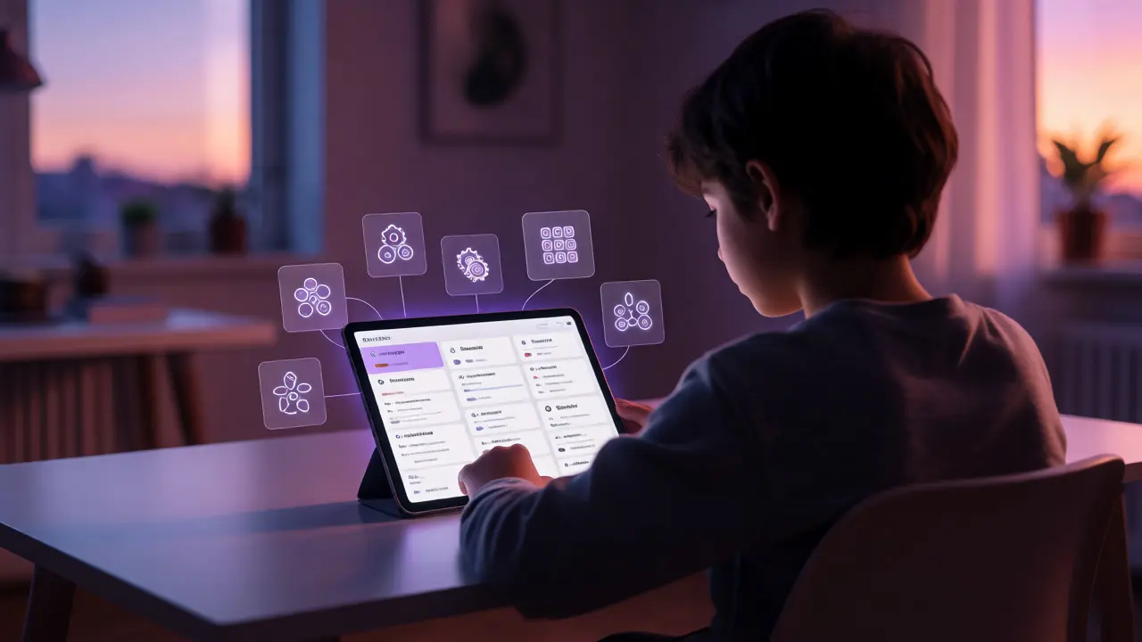 Student calmly using a tablet with floating holographic indicators showing adjusted difficulty.
