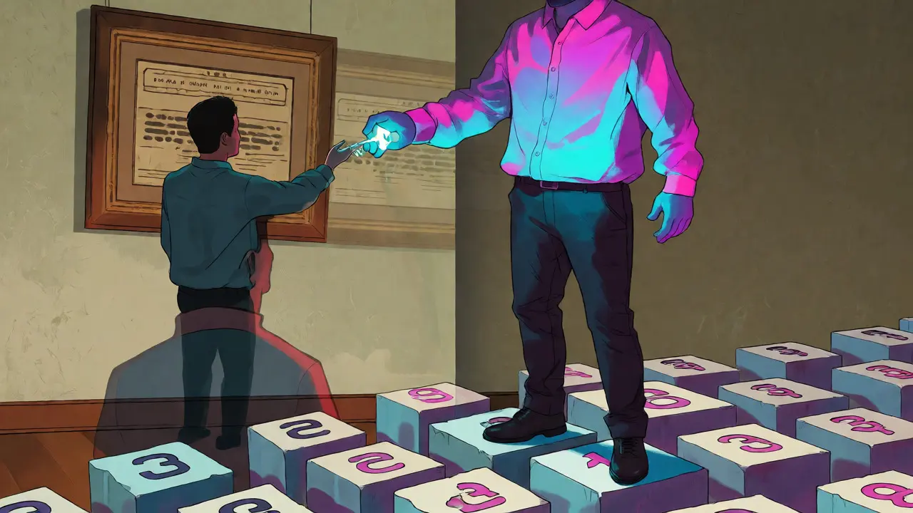 Surreal double exposure of a person holding a digital key versus a fragmented physical asset in the background.