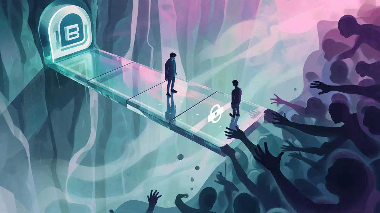 Surreal glass bridge connecting a bank portal to shadowy figures