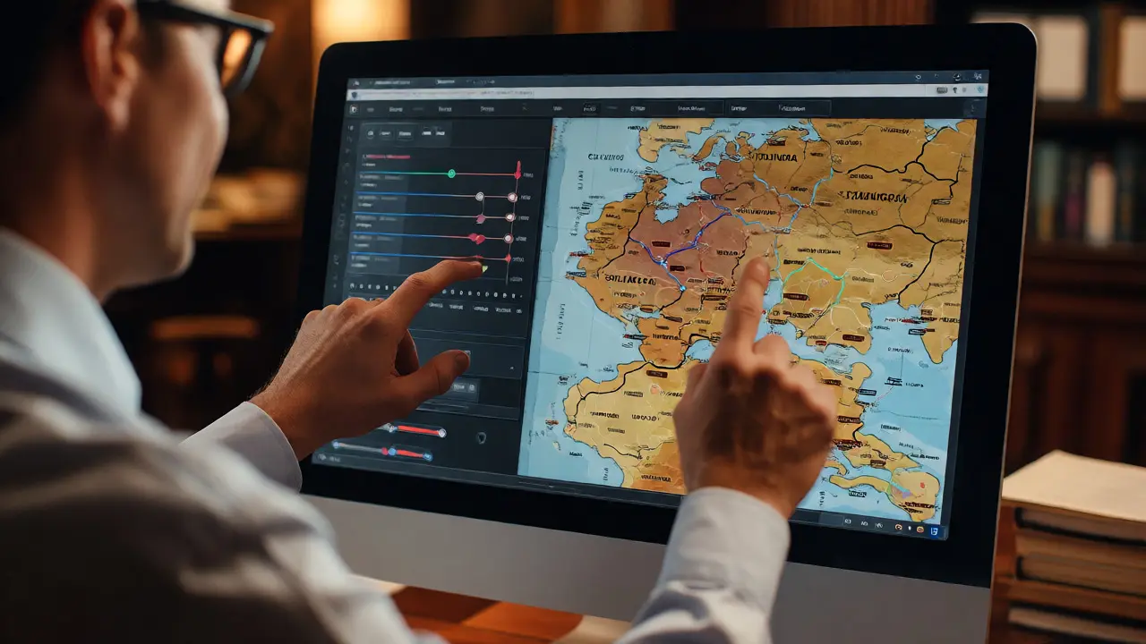 Teacher analyzing an interactive WWII map on a touchscreen