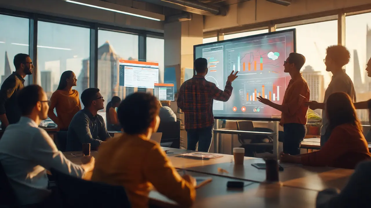 Team collaborating around live ML deployment visualization