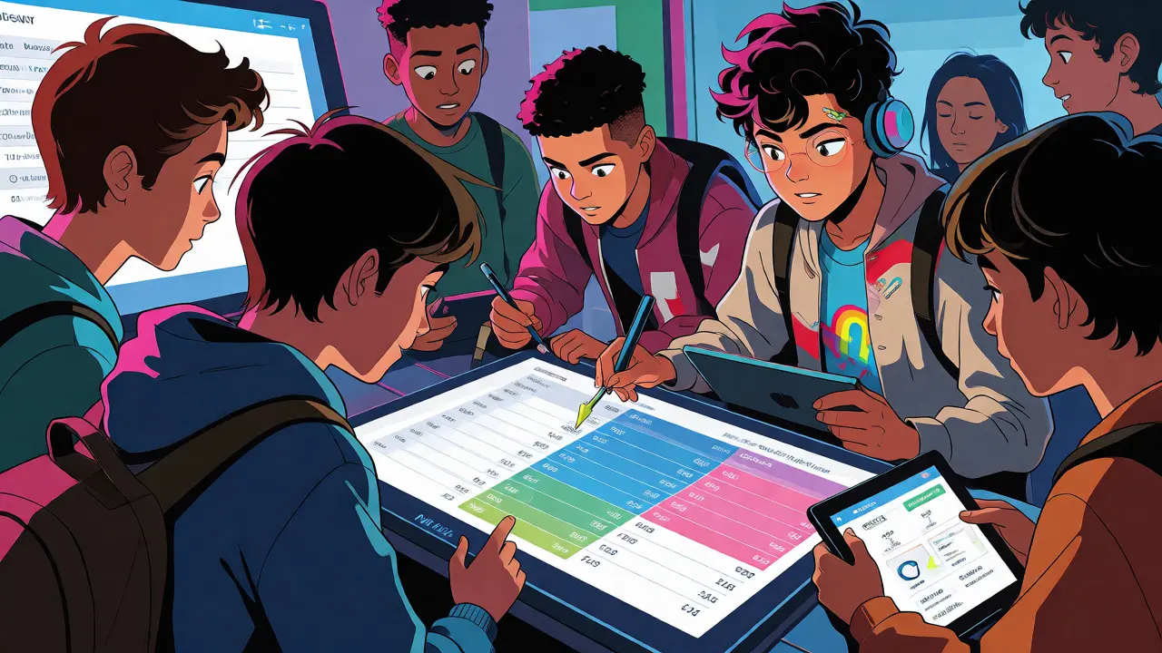 Teenagers comparing scores on a social leaderboard while customizing their digital avatars.