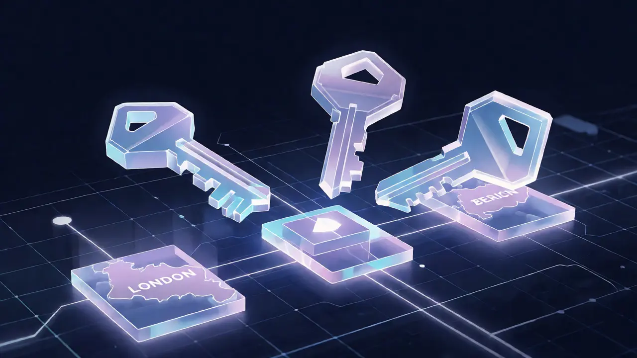 Three holographic keys converging over a blockchain ledger