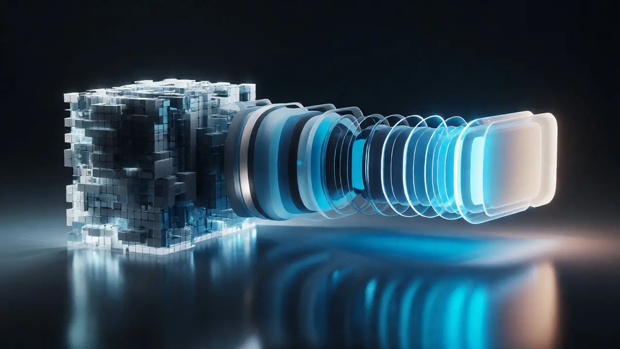 Visual metaphor of large video file compressing into efficient stream